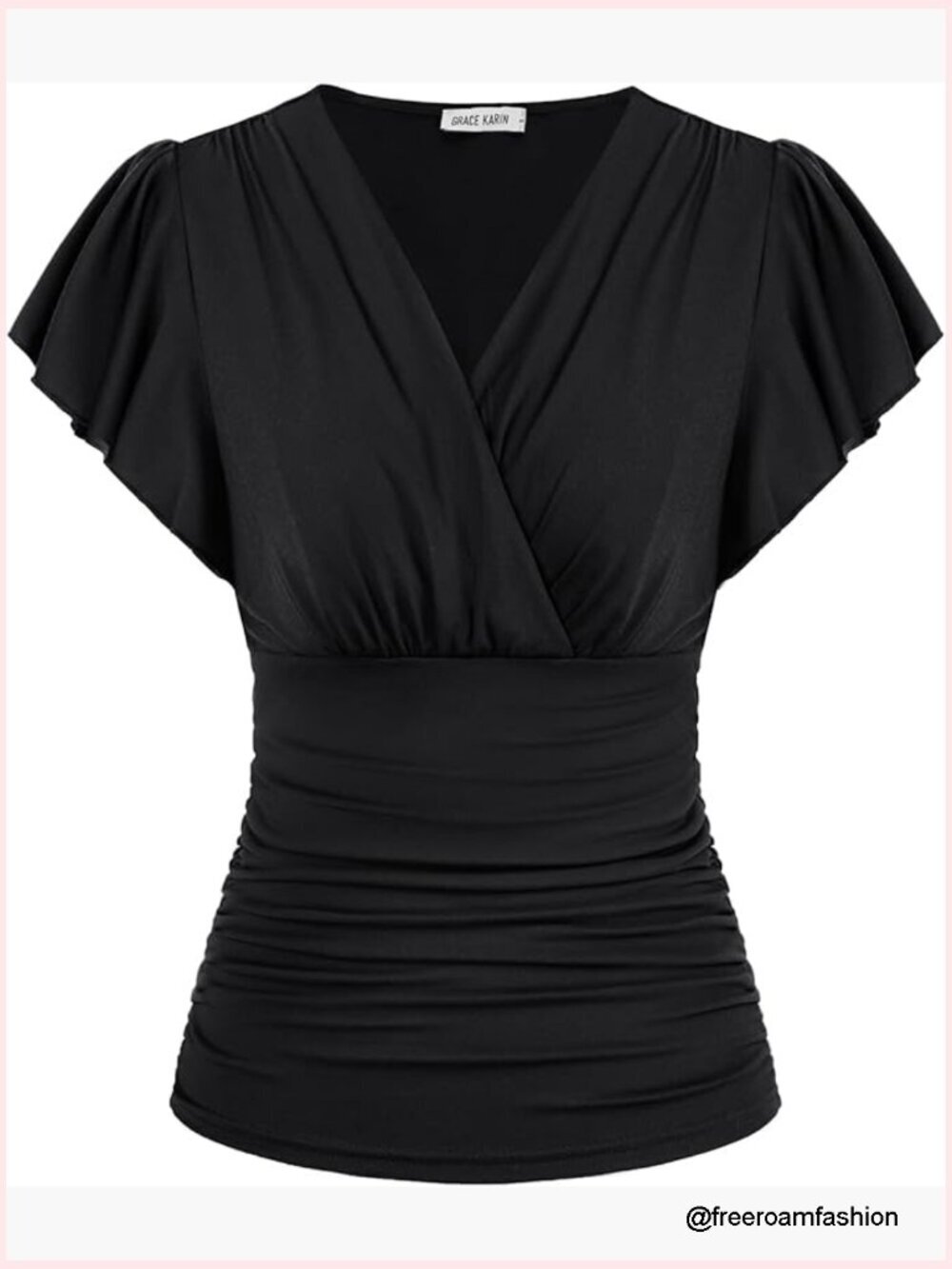 V Neck Ruffle Sleeve Wrap Blouse Ruched Tummy Control Top